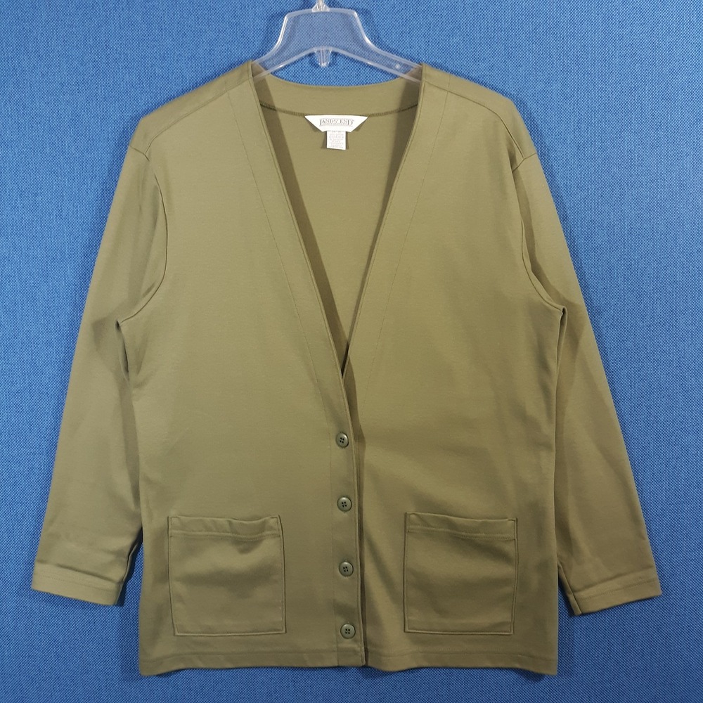 Lands' End Cardigan Sweater Womens L 14-16 Green V-Neck Button Up Cotton